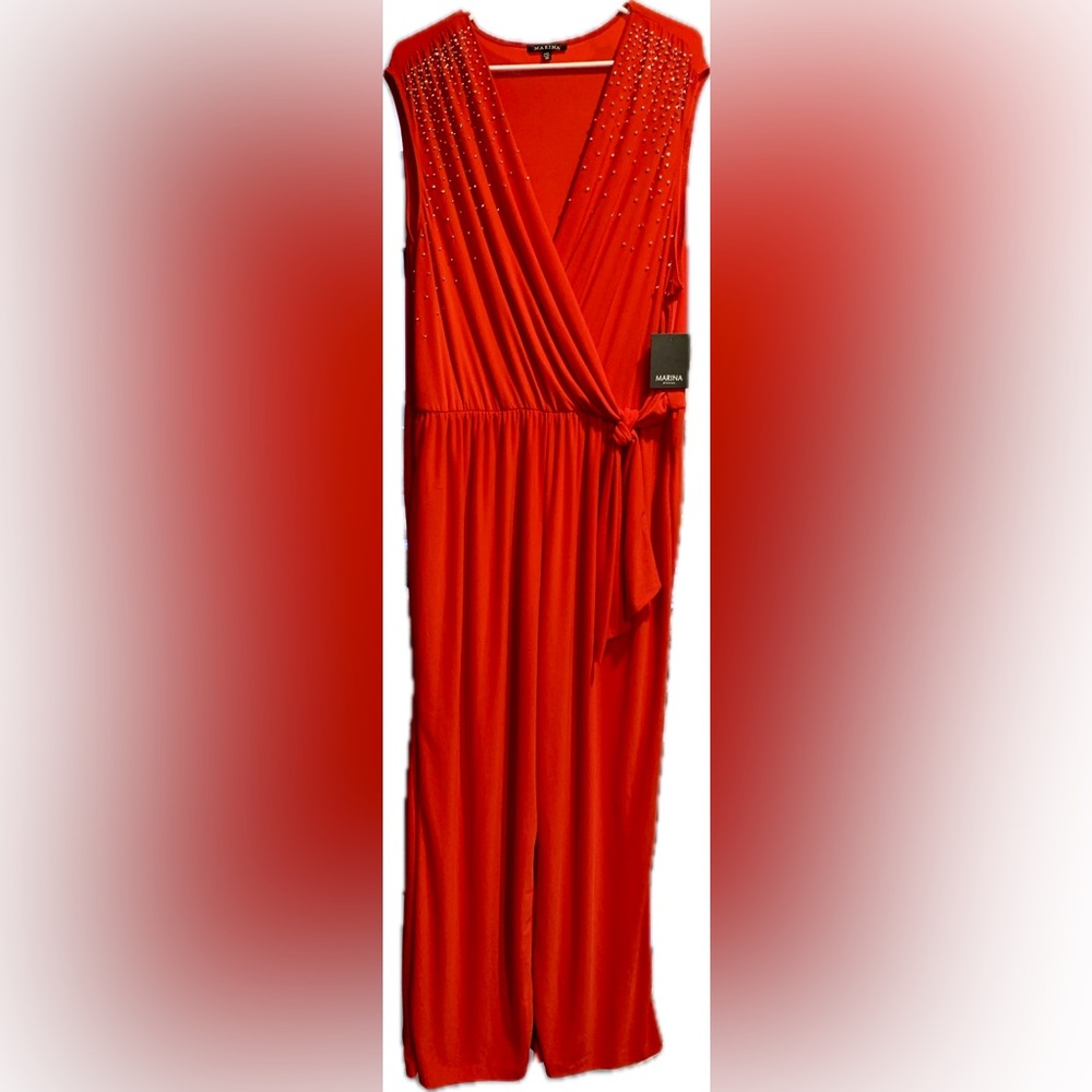 Marina Womens Red Jumpsuit Plus Size 3X Jersey Stretch Embellished V-Neck NWT